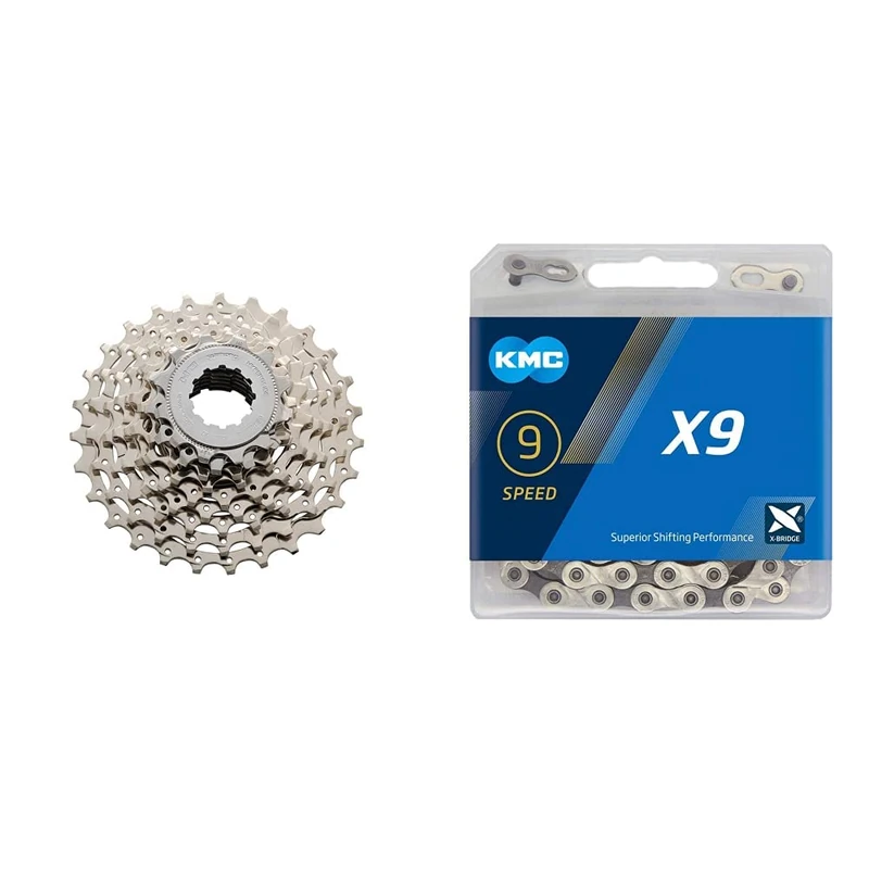 Shimano Sora HG50 9 Speed Cassette - Silver, 12-25 Teeth & KMC Unisex's X9 Chain, Silver/Grey, 114 Link
