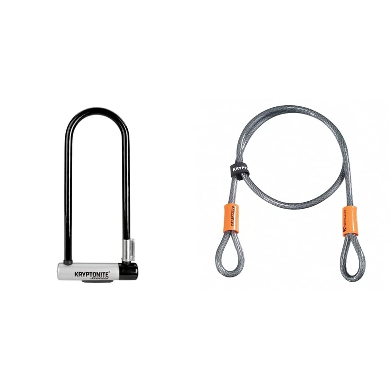 Kryptonite KryptoLok Long Shackle U-Lock - Black/Silver & Kryptoflex Cable with Double Loop Bike Lock Security, 10mm x 120cm, Silver/Orange
