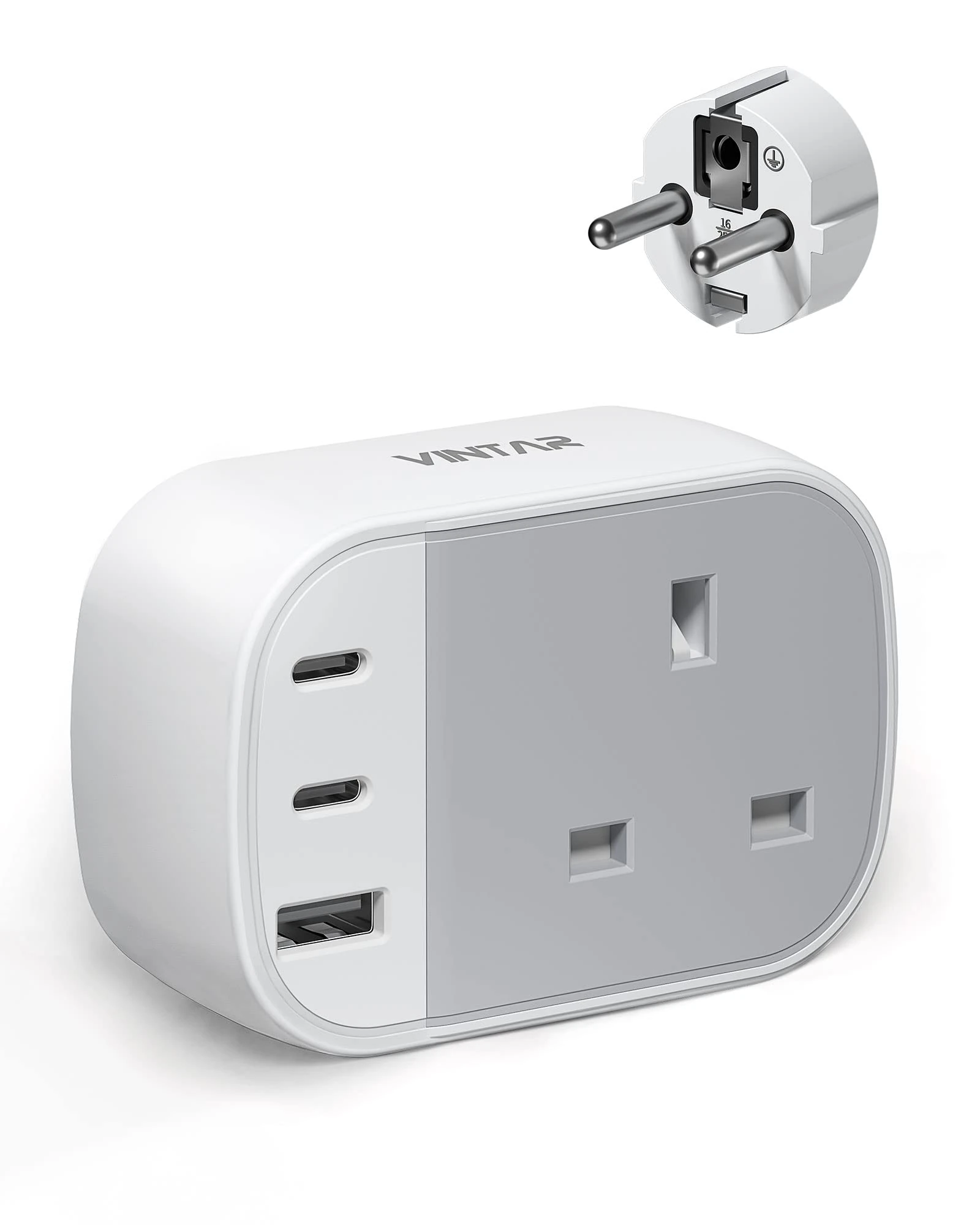 UK to European Plug Adapter, VINTAR Grounded Europe Travel Adapter with 2 USB C 1 USB A Ports, Travel Plugs UK to EU for Germany France Spain Greece Turkey Poland and More (Type E/F),1 Pack