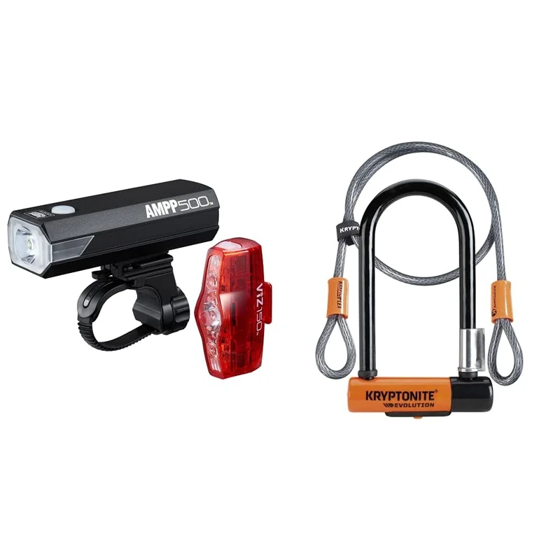 CatEye AMPP 500 / VIZ 150 Bike Light Set,Black & Kryptonite Evolution Mini-7 Lock with Flex Cable and Bracket - Orange, 7-Inch