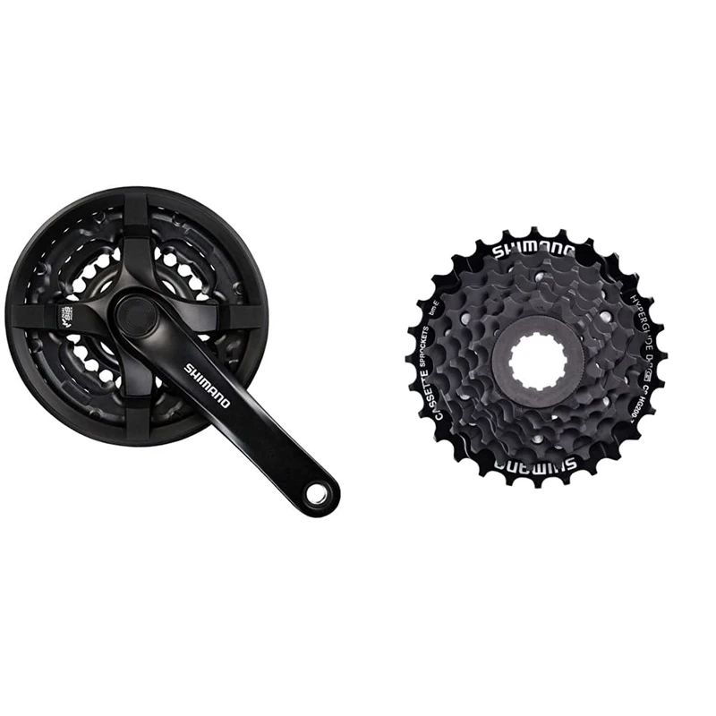 SHIMANO FC TY501 Square 6/7/8 Speed Chainset, Unisex, E-FCTY501C888CLB, Black, 170 mm & Men's Cassettes HG200 7 Speed MTB Cassette, Black, 12-28T UK