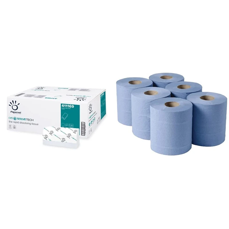 Papernet Dissolve Tech - V-Folded Paper Hand Towels (411169), 15 Packs of 210 Towels Made of Pure Cellulose & Jantex DL921 Centrefeed Blue Roll Paper Towels, Pack of 6