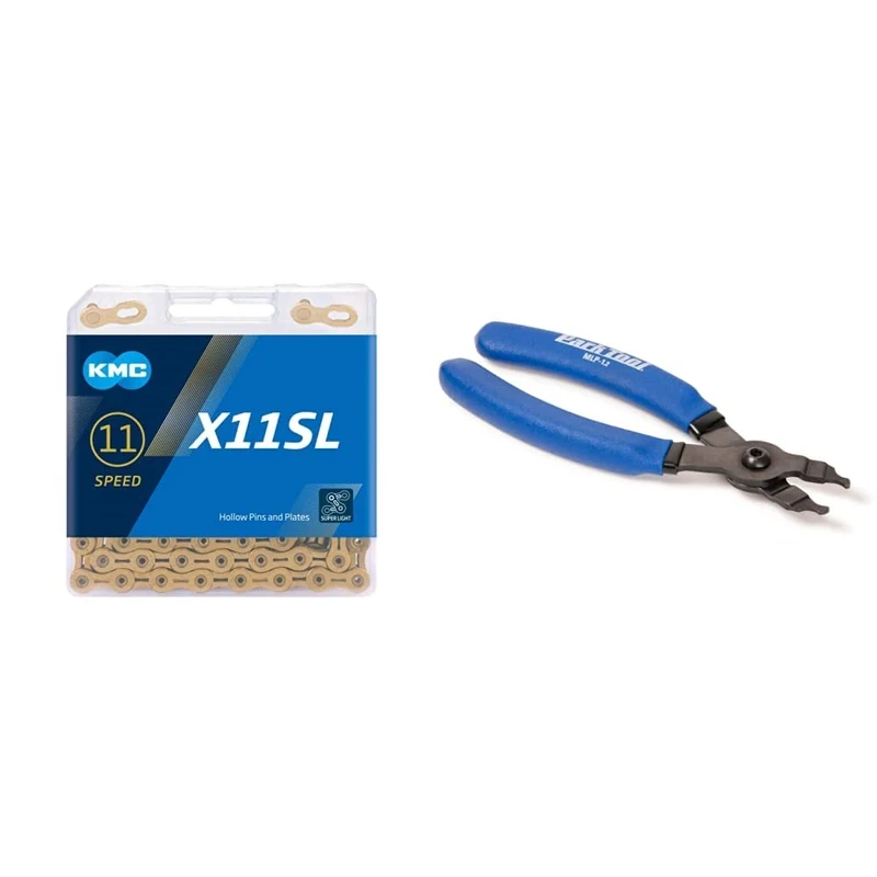 KMC X11SL 11 Speed Chain, Ti-Ni Gold, 118 Link & Park Tool MLP-1.2 Master Link Pliers Tool, Blue