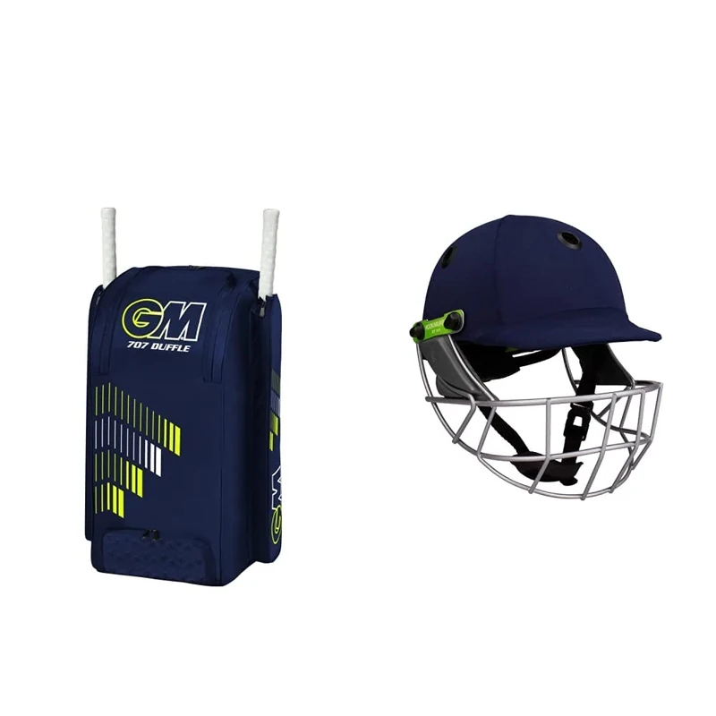 Gunn & Moore GM Cricket Duffle Bag Rucksack, 707, Medium - 85 litres, Blue & Kookaburra Unisex (56-58 Cm) Kookaburra PRO 600F Cricket Helmet Medium 56 58 CM, Navy, M UK