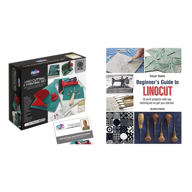 Lino Cutting & Printing Starter Kit (30-pieces) – by Zieler® Includes Starter Booklet! & Beginner’s Guide to Linocut: 10 print projects with top techniques to get you started