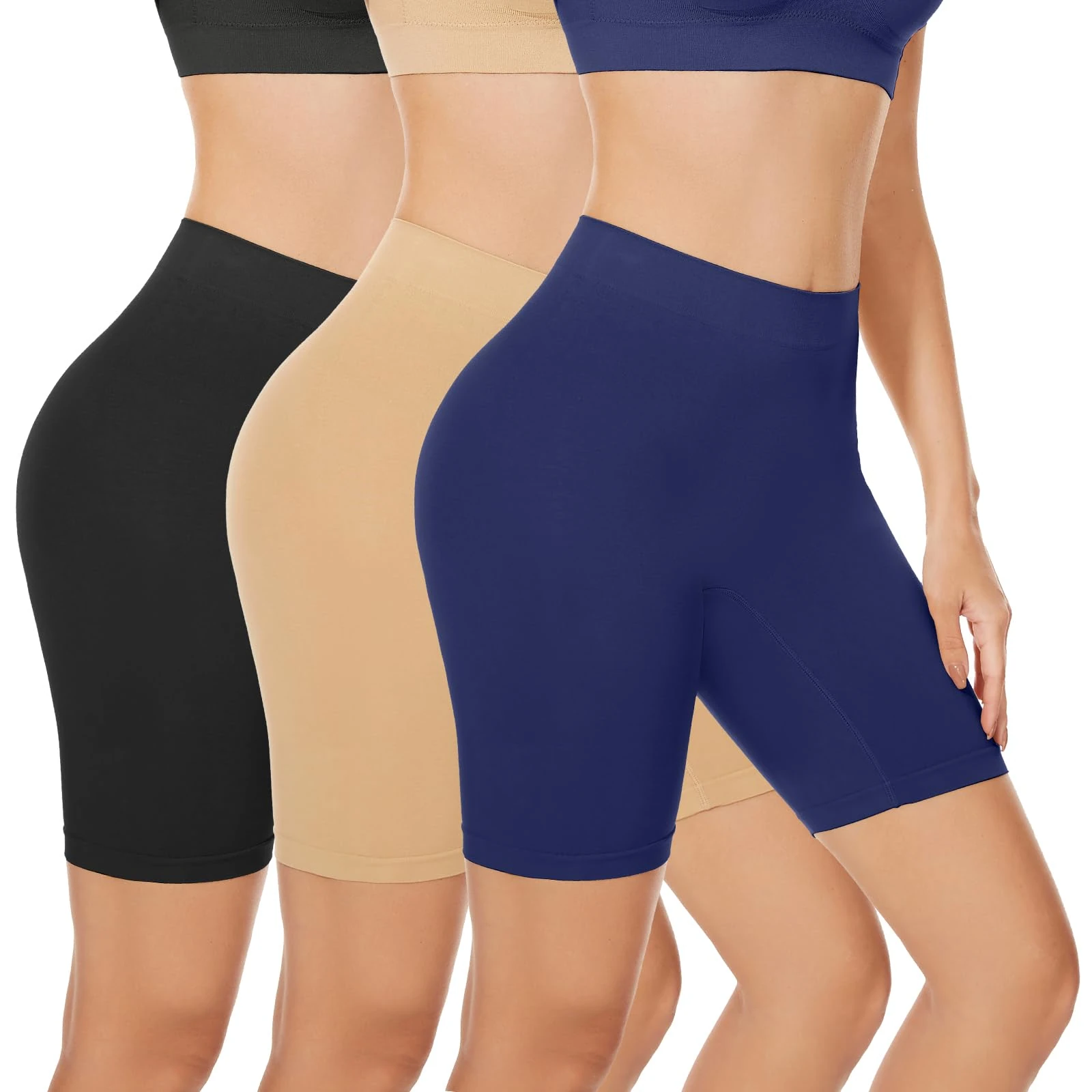 SIHOHAN 3 Pack Women Anti Chafe Shorts Under Skirts Short Breathable Soft Legging Shorts(Black+Beige+Blue,XL)