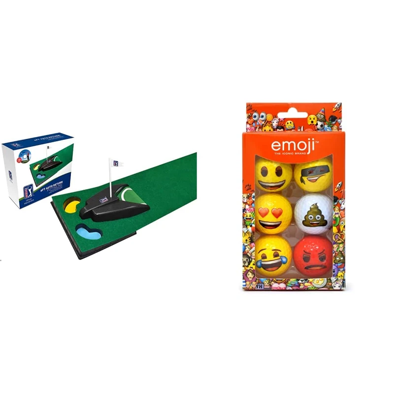 PGA Tour 6ft (1.8m) Automatic Ball Return Putting Mat & Emoji Official Novelty Fun Golf Balls - 6 Pack, Multicolor