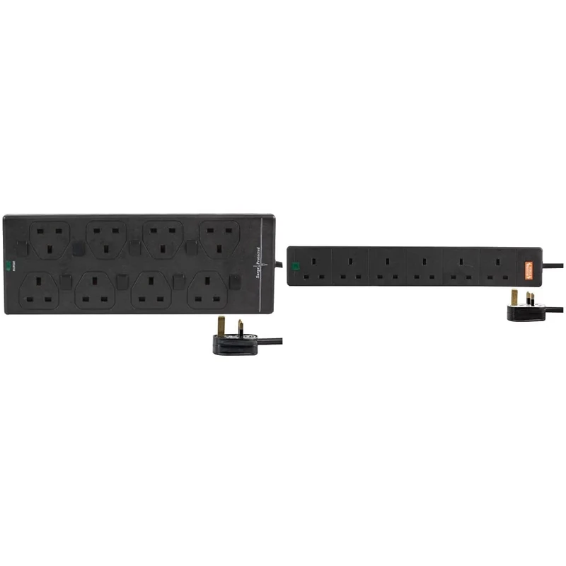 Pro Elec 2818NS(1N) 10 m BLK 10 m 8 Way Individually Switched Surge Protected Extension Lead, Black & PL12987 6 Gang 10 m Extension Lead Surge Protector - Black