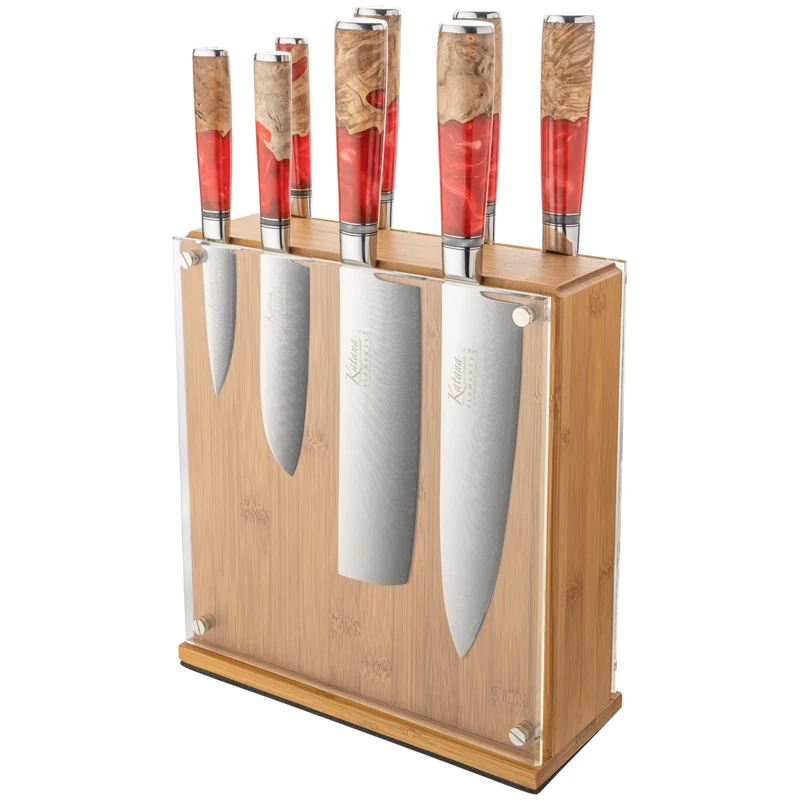 Katana Saya Elements 9 Piece Knife Block Set, Volcanic Red, Japanese 67-Layer VG-10 Damascus Stainless Steel, Natural Olivewood and Resin Handle, Kitchen Knife