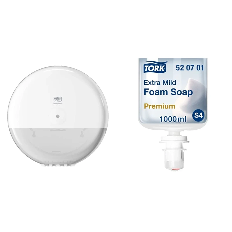 Tork SmartOne Toilet Roll Dispenser White T8, High Capacity, Elevation Range, 680000 & Extra Mild Foam Soap - 520701 - Allergy-friendly All-purpose Soap for S4 Dispenser Systems, 1 x 1000 ml