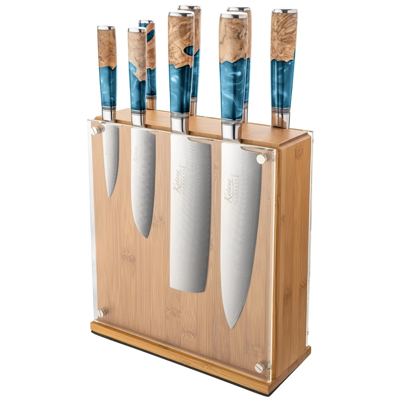 Katana Saya Elements 9 Piece Knife Block Set, Ocean Blue, Japanese 67-Layer VG-10 Damascus Stainless Steel, Natural Olivewood and Resin Handle, Kitchen Knife
