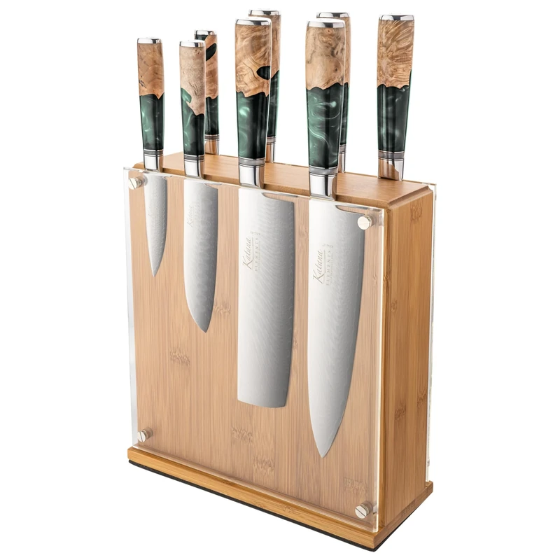 Katana Saya Elements 9 Piece Knife Block Set, Rainforest Green, Japanese 67-Layer VG-10 Damascus Stainless Steel, Natural Olivewood and Resin Handle, Kitchen Knife