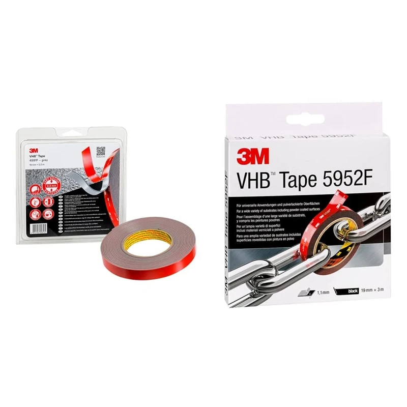 3M VHB 4991F Double Sided Adhesive Tape - 19mm x 5.5m, Thickness 2.3mm, Grey (1 Roll) & 5952F Double Sided Adhesive Tape - 19mm x 3m, Thickness 1.1mm, Black (1 Roll)