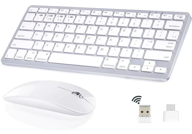 5 in1 Wireless Keyboard and Mouse Combo, Rechargeable Bluetooth Keyboard & Mouse compatible with Apple Macbook iMac iPad and Windows Android (Silver-White)