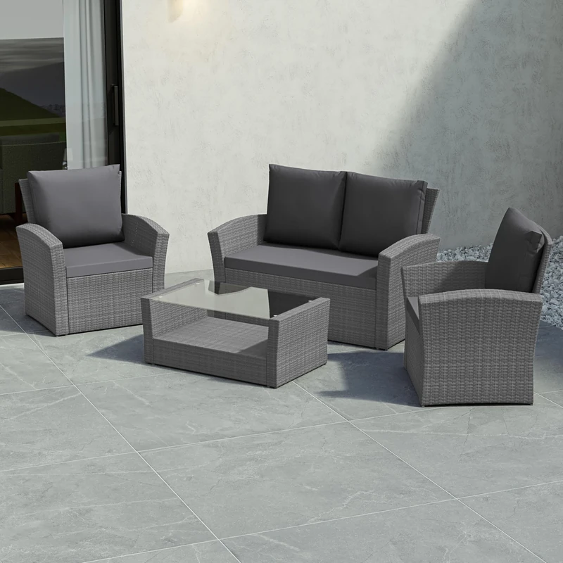 Garden Vida Mylor 4 Seater Rattan Furniture Set, Outdoor, Patio furniture, Conservatory Sofa set (Grey, Rattan Set With Cover)