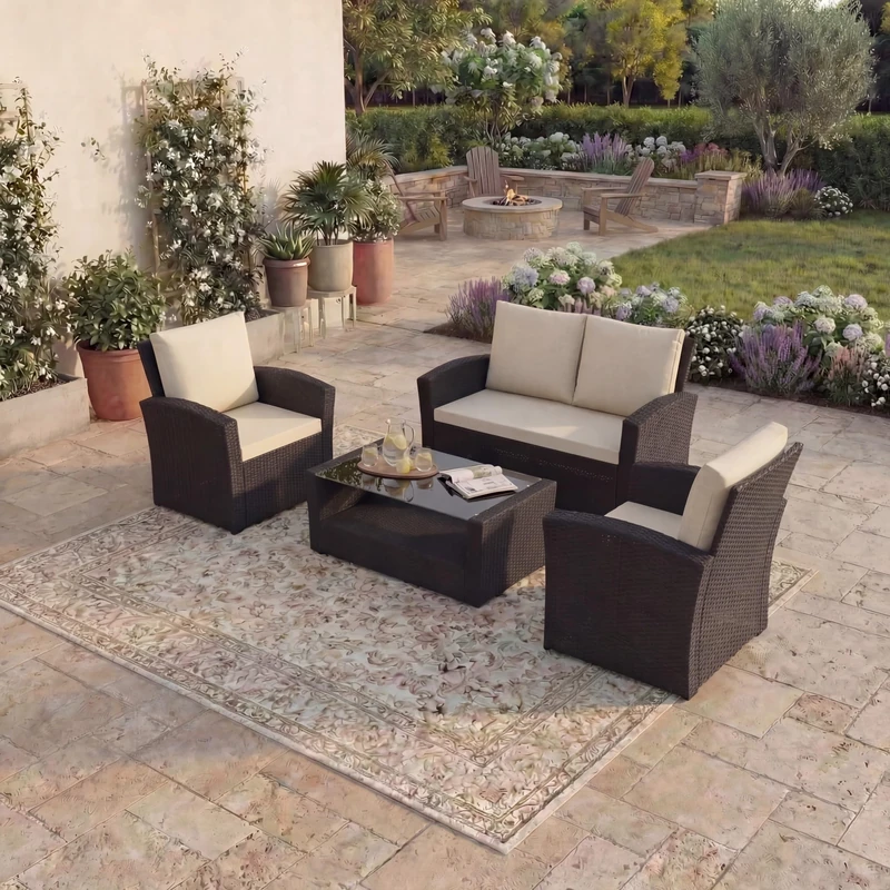 Garden Vida Mylor 4 Seater Rattan Set With Cover | Brown | Outdoor Patio Furniture Conservatory Sofa Set | Weather Resistant, Tempered Glass Table, With Cushions, Chairs and Cover