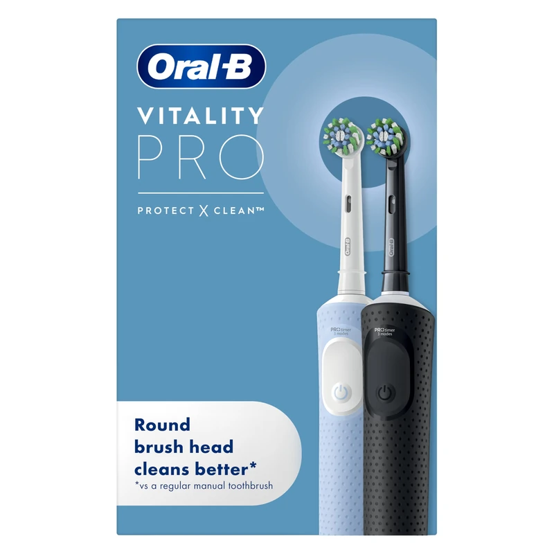 Oral-B Vitality Pro 2x Electric Toothbrushes For Adults, 2 Toothbrush Heads, 3 Brushing Modes Including Sensitive Plus, 2 Pin UK Plug, Black & Blue