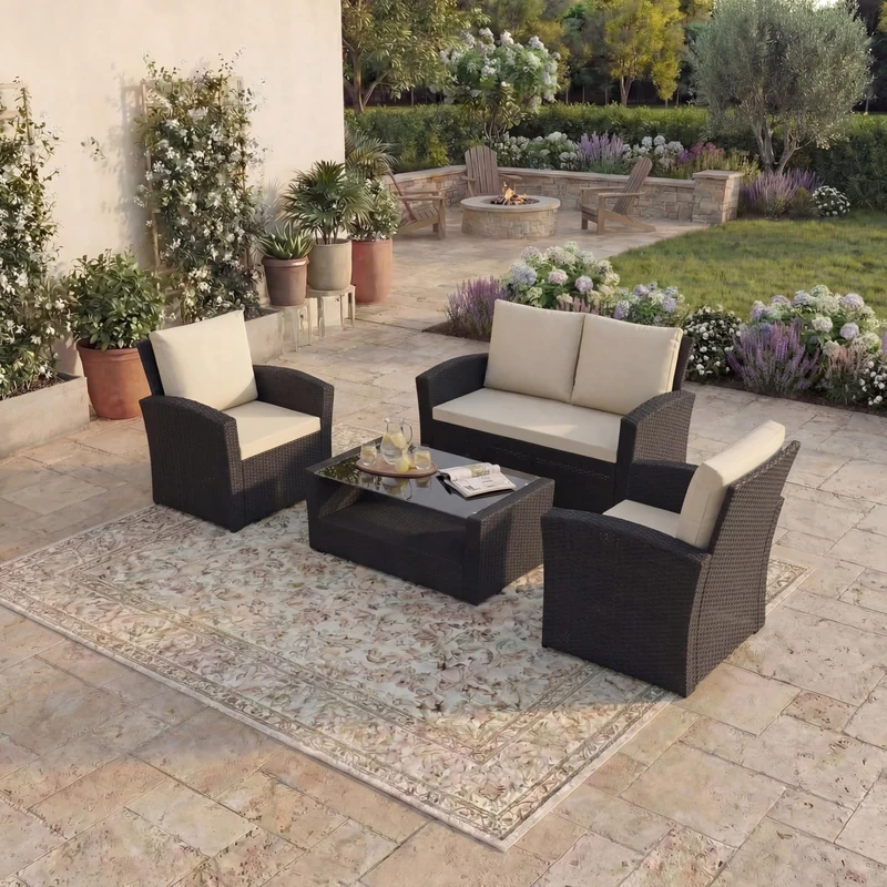Garden Vida Mylor 4 Seater Rattan Set With Cover | Black | Outdoor Patio Furniture Conservatory Sofa Set | Weather Resistant, Tempered Glass Table, With Cushions, Chairs and Cover