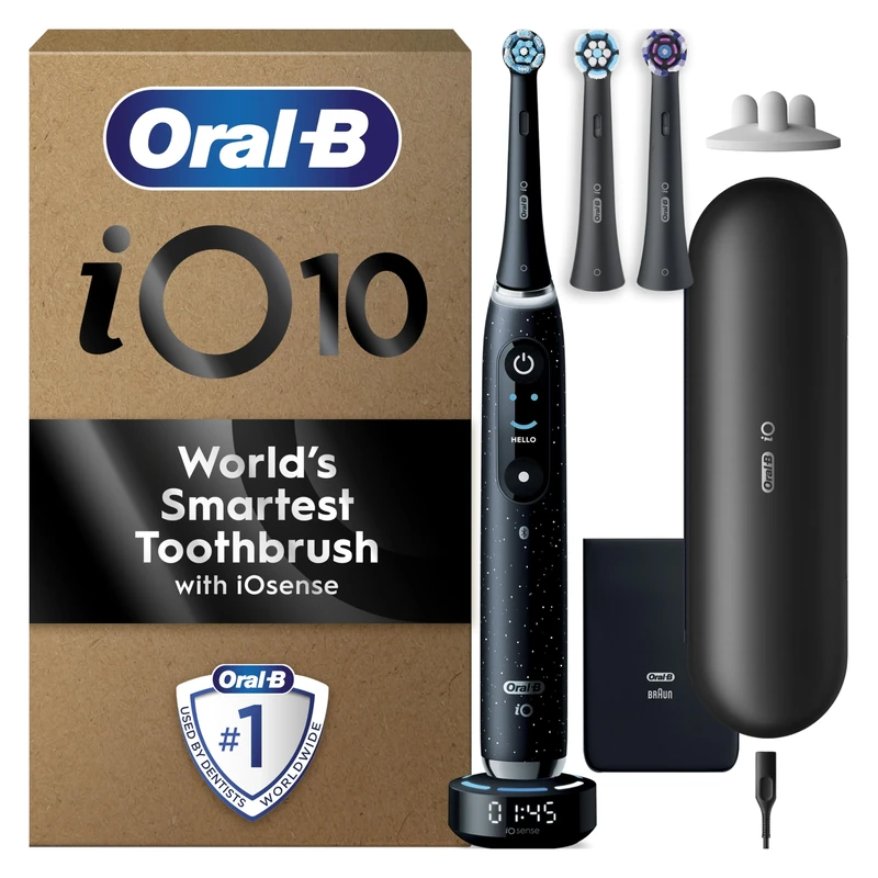 Oral-B iO10 Electric Toothbrushes Adults, Gifts For Women / Men, 1 Handle, 3 Toothbrush Heads, Charging Travel Case, Toothbrush Head Holder, 7 Modes, 2 Pin Plug, Cosmic Black, Oral B IO Toothbrush