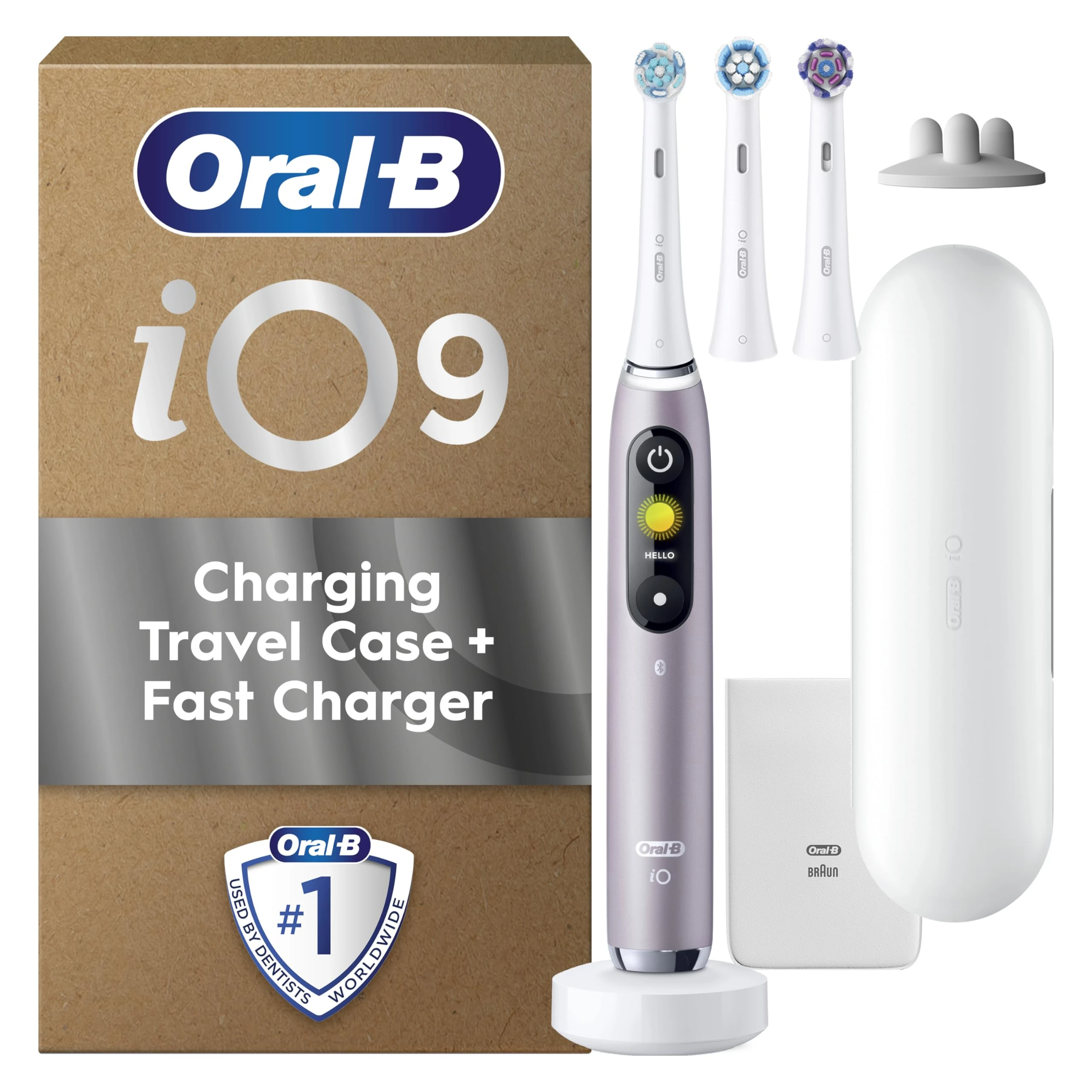 Oral-B iO9 Electric Toothbrushes For Adults, App Connected Handle, 3 Toothbrush Heads, Charging Travel Case & Toothbrush Head Holder, 7 Modes, 2 Pin UK Plug, Rose