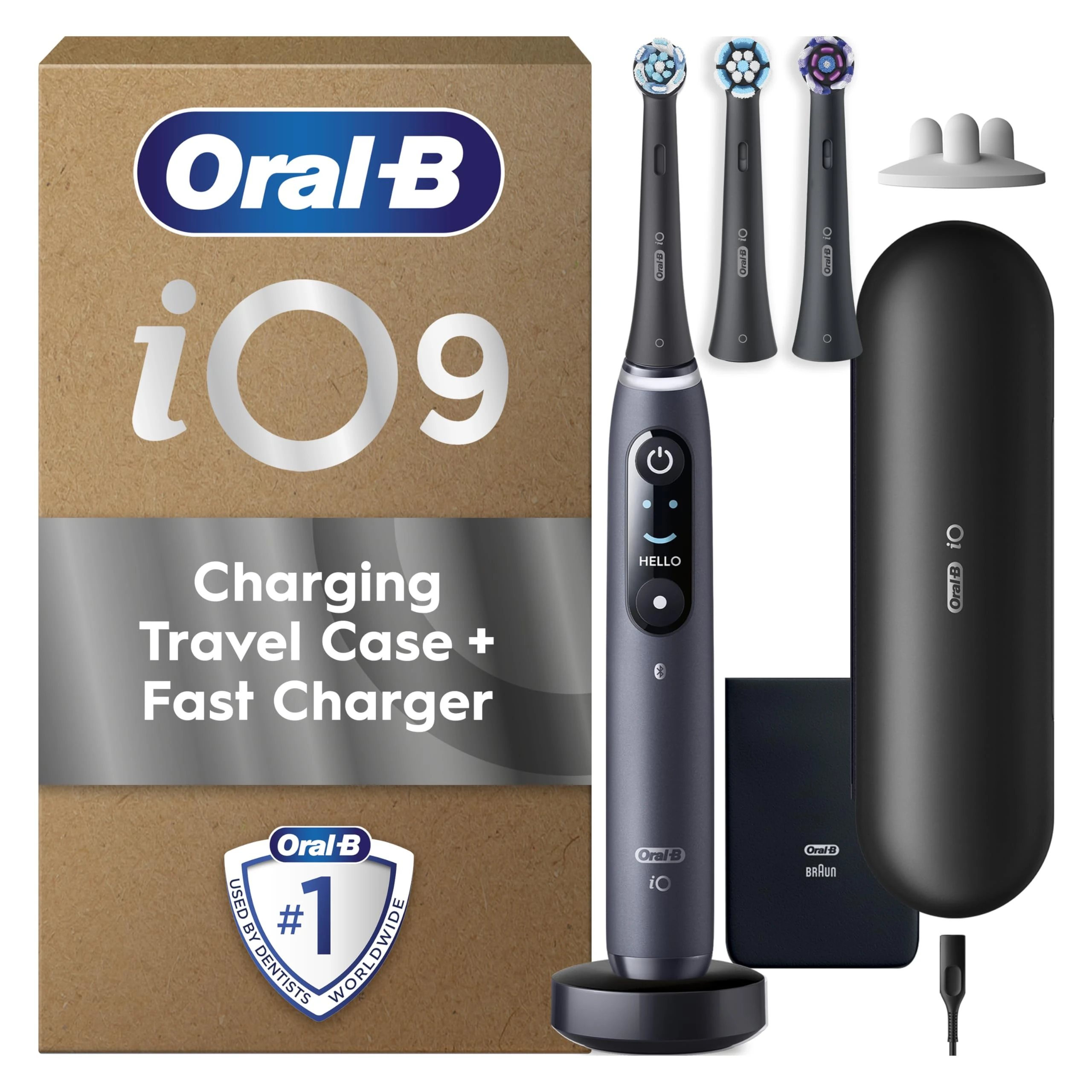 Oral B Electric Toothbrushes For Adults, Oral-B iO9, Gifts For Women / Men, App Connected Handle, 3 Toothbrush Heads, Charging Travel Case & Toothbrush Head Holder, 7 Modes, 2 Pin UK Plug, Black