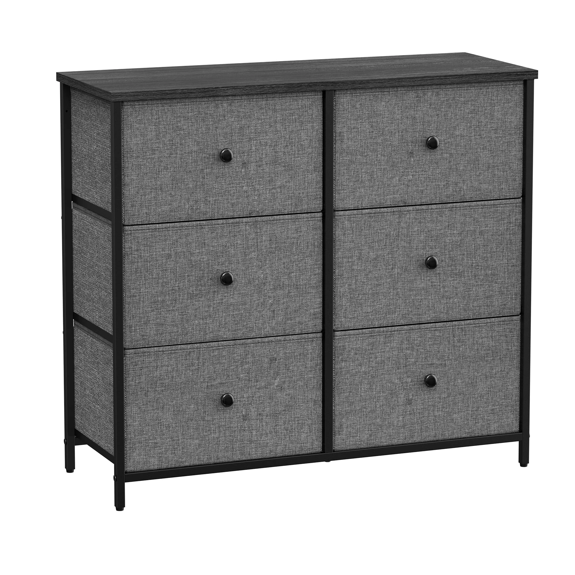 SONGMICS Chest of Drawers, 6 Fabric Drawers with Metal Frame, Storage Organiser Unit, Dresser, for Nursery, Bedroom, Hallway, Grey and Black with Wood Grain LTS323G22