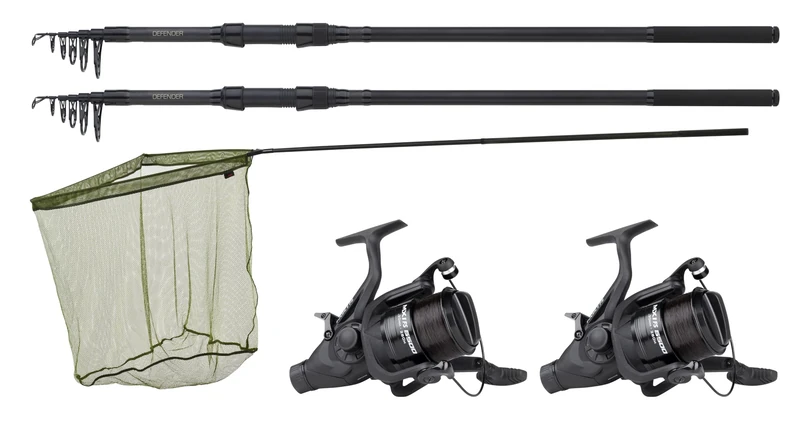 JRC Defender Two Rod Combo – Includes 2 JRC Carp Rods, 2 Mitchell 6500 Pre-Spooled Reels, Specimen Net and Two-Piece Net Handle, It's the Ultimate All-In-One Carp Set Up, Unisex, Black