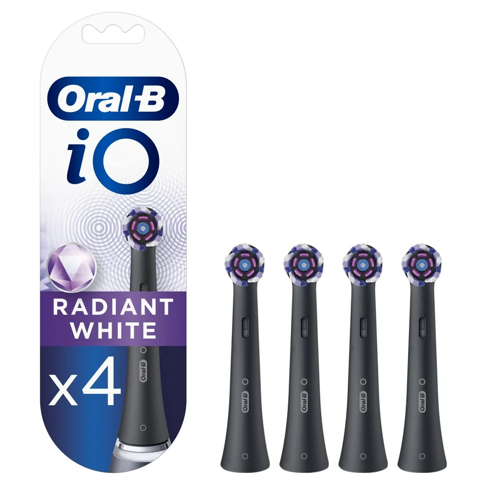Oral-B iO Radiant White Electric Toothbrush Head, Angled Bristles Deeper Plaque Removal, with Polishing Petals for Teeth Whitening, Pack of 4 Toothbrush Heads, Black
