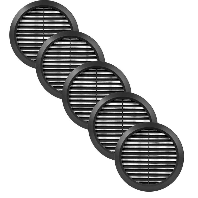 Vent Systems 150 mm / 5.90'' Inch - Black Pack of 5 Air Vent Cover - Round Air Vents - Ventilation Grille - Integrated Insect Screen - HVAC Vents for Bathroom, Home Office, Kitchen