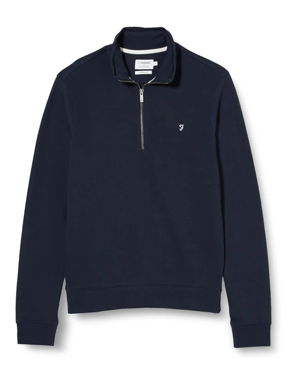 Farah - Men's Sweater, Aintree Quarter Zip Sweatshirt, Long Sleeve, Mock Neck Collar, Organic Cotton, Modern Fit, Navy, S