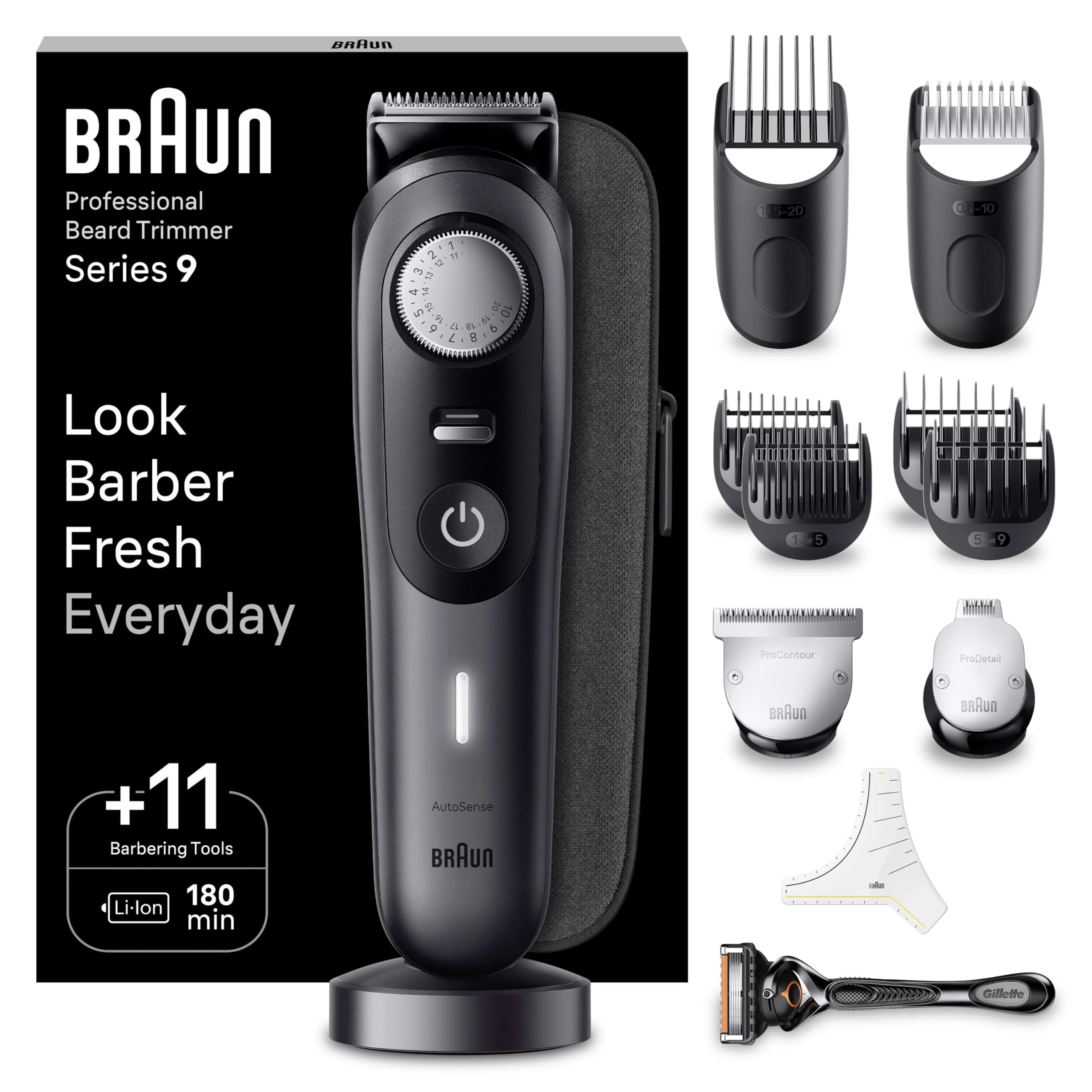 Braun Series 9 Beard Trimmer for Men, Ultra-Sharp ProBlade, 52 Precision Lengths, 180 Min Cordless, Waterproof, Barber Kit & Charging Stand - BT9441, Black