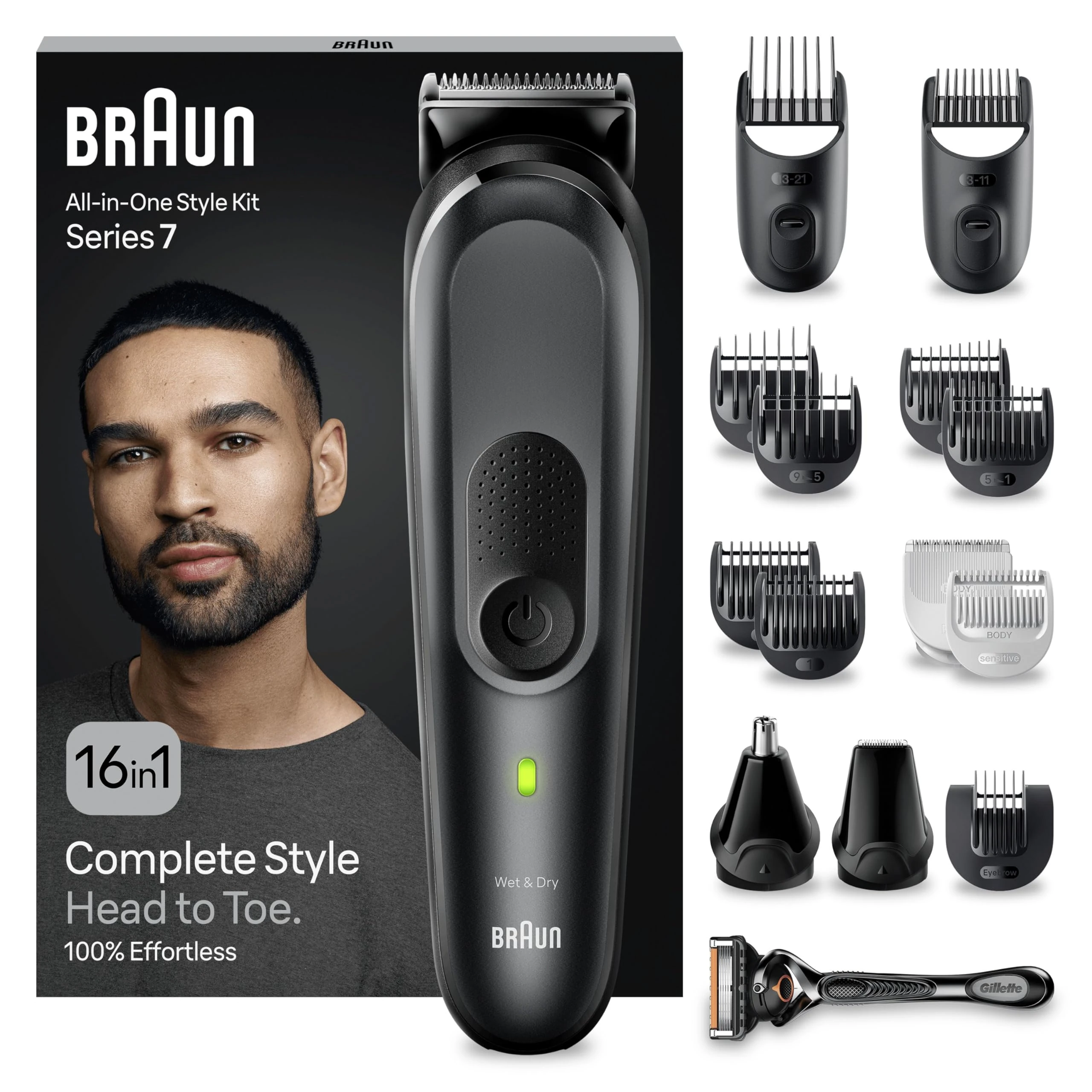 Braun All-in-One Style Kit Series 7 MGK7470, Beard Trimmer Men Rechargeable, 16-in-1 Kit for Beard, Hair, Manscaping & More, Hair Clippers Men Cordless, Mens Shaver and Beard Trimmer, Black
