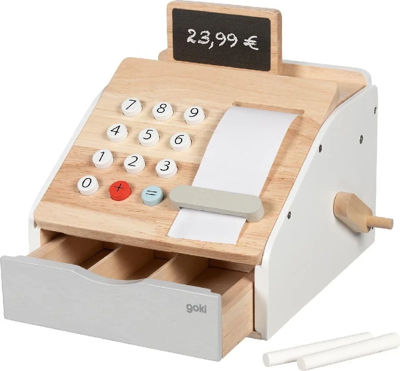 Goki Shop Cash Register, Traditional Wooden Role Play Toys for Children