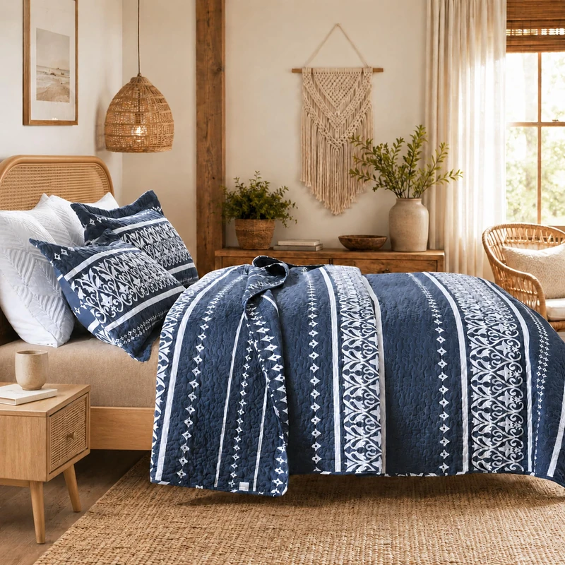 Qiqiong 100% Cotton Boho Striped Queen Quilt Set, Navy Blue & White 3 Piece