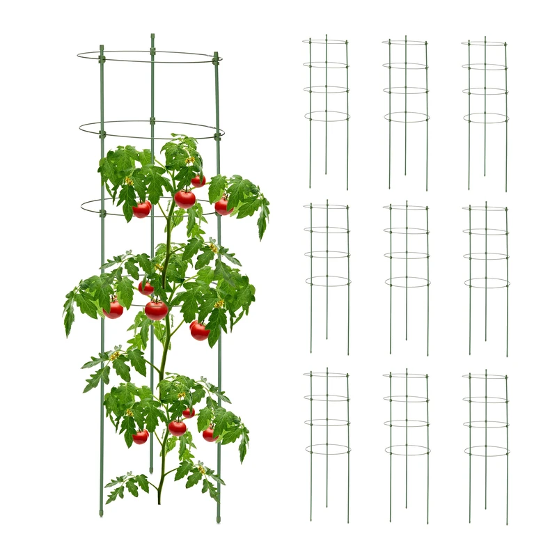 Relaxdays Set of 10 Plant Supports, Metal & Plastic, 90 cm Tall, 4 Adjustable Rings, Climbing Plants & Flowers, Green