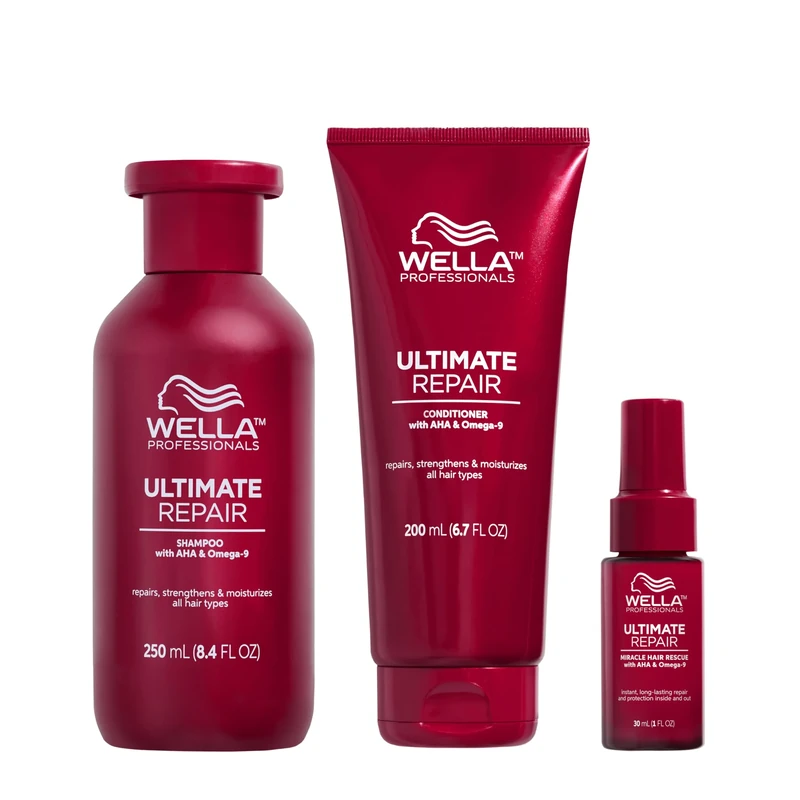 Wella Professionals Repair and Rebuild Professional Hair Care Regime for All Types of Hair Damage, Ultimate Repair Shampoo 250ml, Conditioner 250ml and Miracle Hair Rescue Spray 30ml Bundle