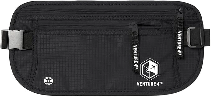 Venture 4TH Travel Money Belt - Slim Passport Holder RFID Blocking Travel Pouch to Protect Cash, Credit Cards and Travel Documents, Pure Black, One Size, RFID Wallet - Image 1