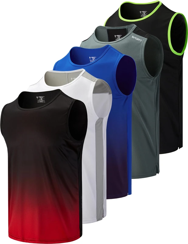 Liberty Imports Pack of 5 Men's Stretch Cool Dry Muscle Tank Tops Athletic Crewneck Sleeveless Workout Shirts, Black/White/Gray/Gradient Red/Gradient Blue, Medium - Image 1