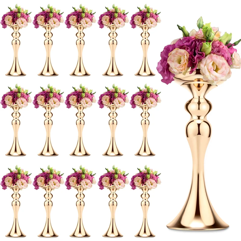 Sadnyy 16 Pcs Metal Flower Arrangements Stand Metal Wedding Flower Centerpiece Stand Tall Table Decor Flower Vase for Wedding Reception Centerpieces Event Party Hotel Home Decor (Gold, 12.6 Inch)