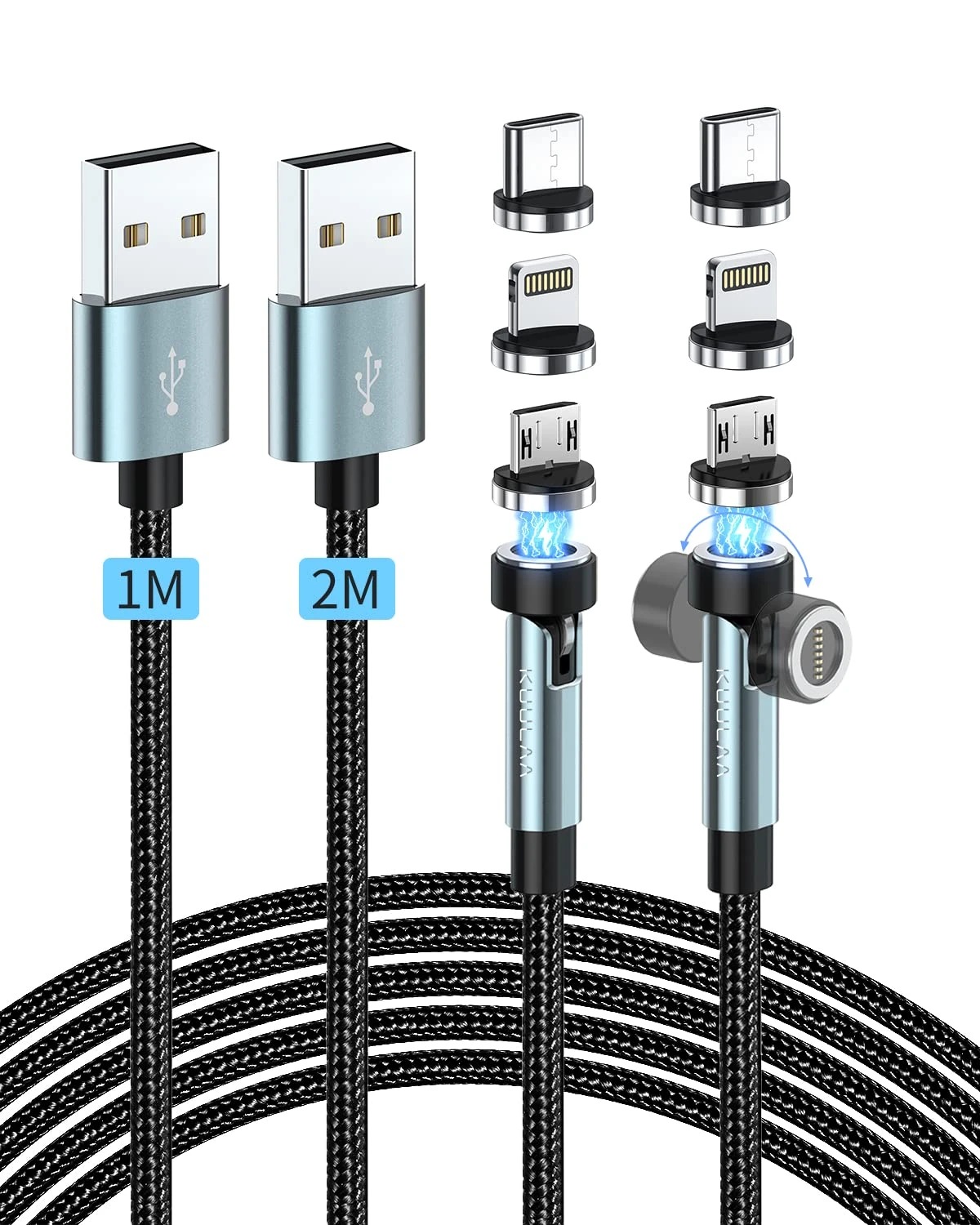 Kuulaa Magnetic Charging Cable 2 Pack (1M+2M) 360°& 180° 3-in-1 Data Transfer Charger Cable 3A USB C for iPhone/Samsung/Micro USB Devices