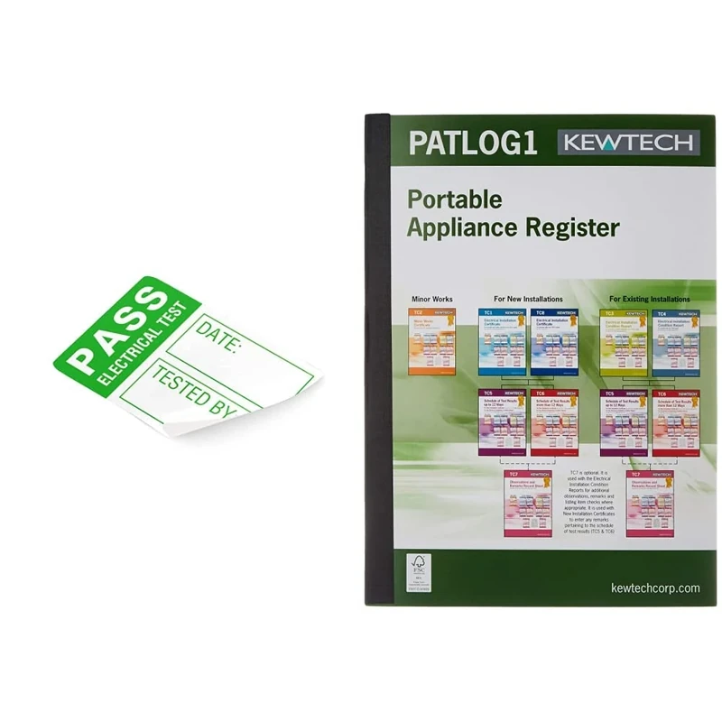 Martindale LAB1 PAT Test Labels-Small, White/Green & Kewtech PATLOG1 PAT Test, A4 Log Book