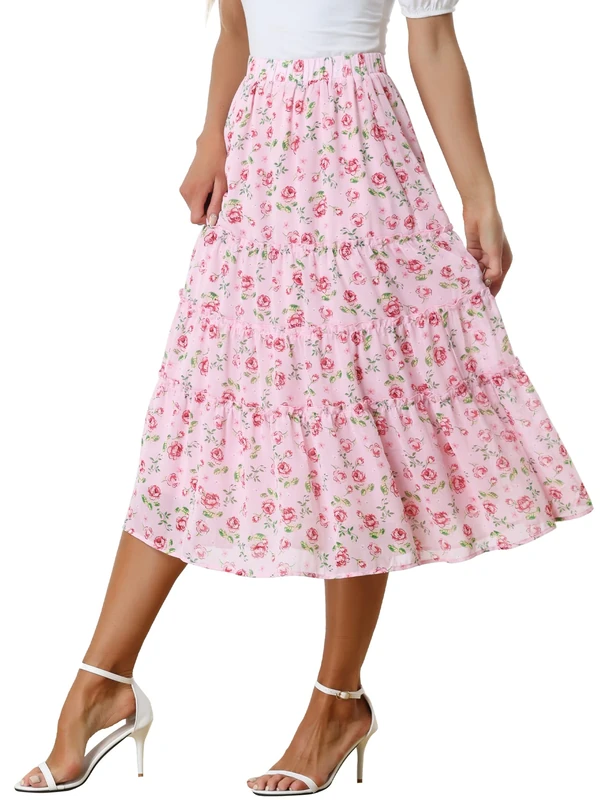 Allegra K Women's Floral Skirt Chiffon A-line Long Tiered Ruffle Boho Summer Midi Skirts, Pink Rose, M