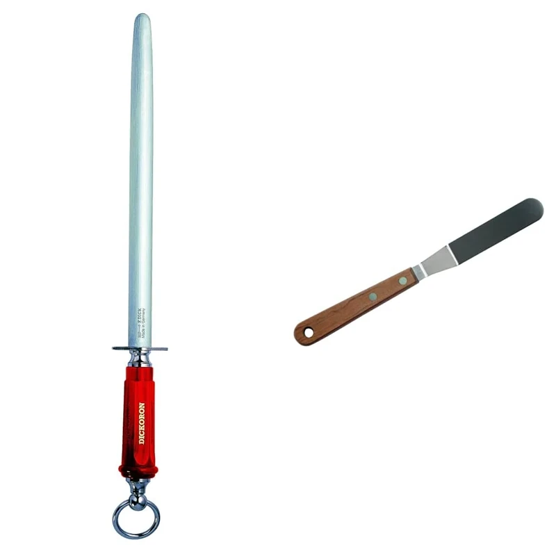 Dick Knives DL335 Sharpening Steel, Red & Dexam 17841296 Angled Spatula with Wooden Handle 11cn, Brown, 22cm