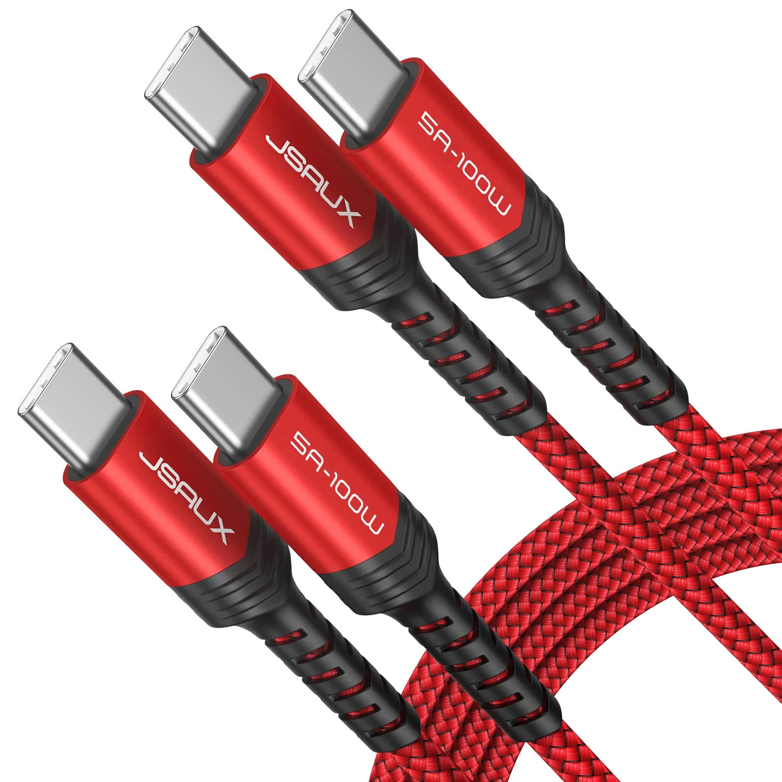 JSAUX 100W USB C to USB C Cable (2-Pack, 3 m), USBC Type C Charge Lead 5A Fast Charging Compatible with iPhone 17 Air 16e 16 15 Plus Pro Max Samsung Galaxy S25 S24 MacBook iPad Air Pro Carplay Red