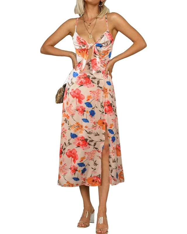 Fashionme Women Spaghetti Strap Midi Satin Dresses Tie Front Backless Split Hollow Dress, Beige 2, S - Image 1