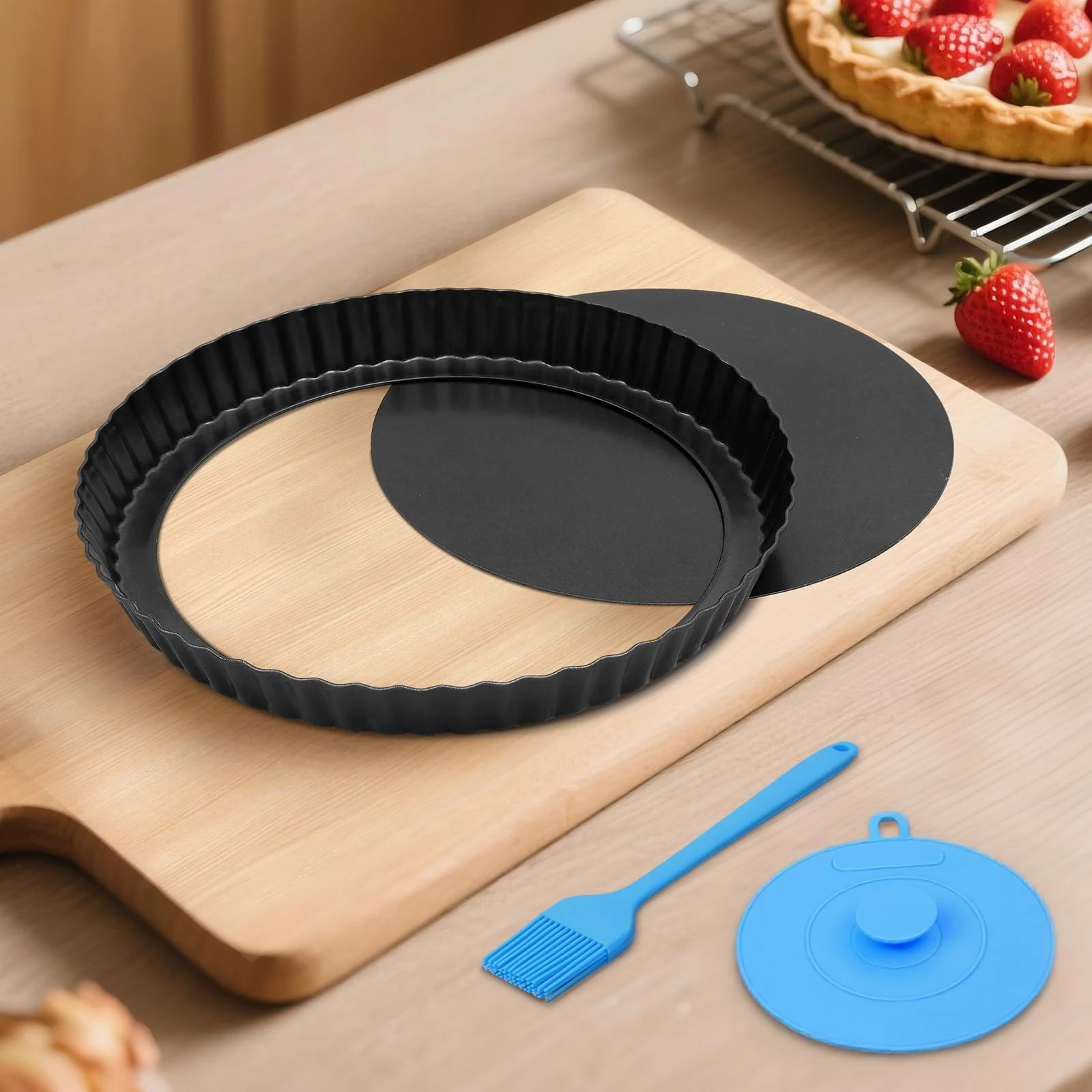 Highkit Quiche Pan 22cm / 8.7inch, Non-Stick Tart Tin, Flan Tins with Loose Base, Tart Pan for Baking, Quiches, Flans, Fluted Round Pie Dish, Pie Pan, Quiche Dish, Carbon Steel,Dark Grey