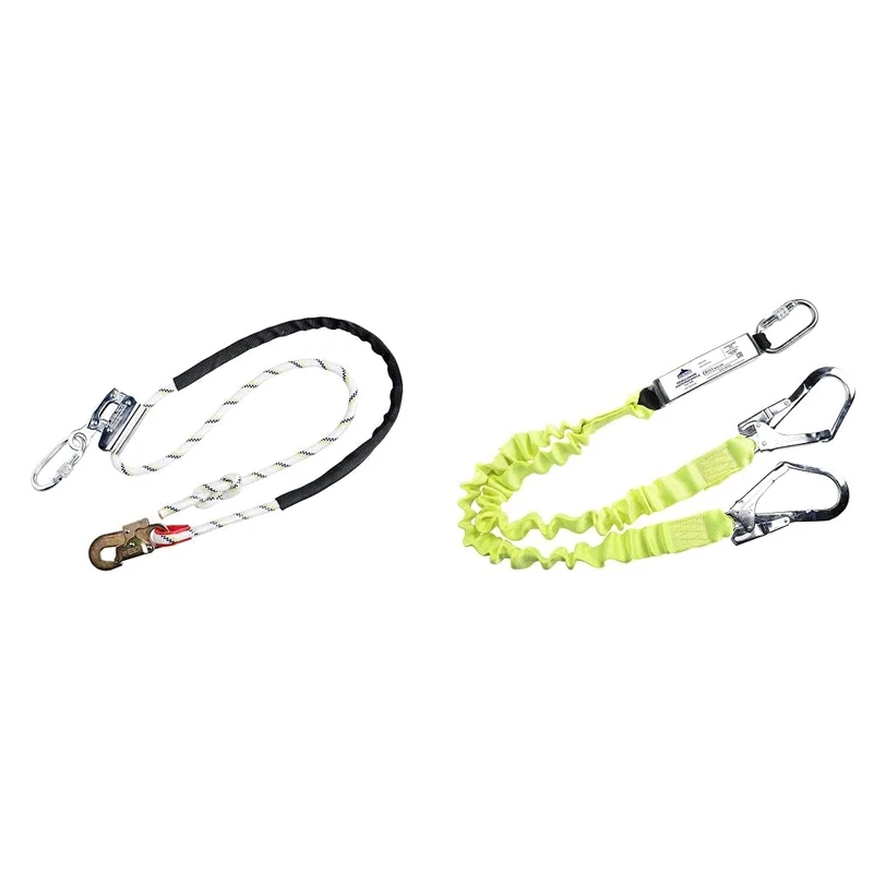 Portwest Work Positioning Lanyard with Grip Adjuster, Size: One Size, Colour: White, FP26WHR & Double Elasticated Lanyard With Shock Absorber, Size: One Size, Colour: Yellow, FP52YER