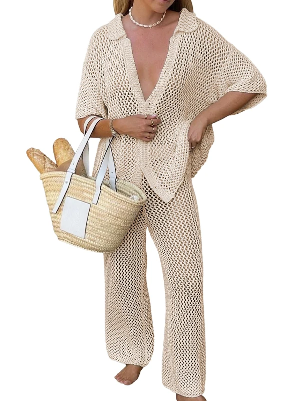 Famulily Womens Sexy Hollow Out Swimsuit Cover Up Sets Button Up Tops and Drawstring Pants 2 Piece Beach Set, Khaki, L - Image 1