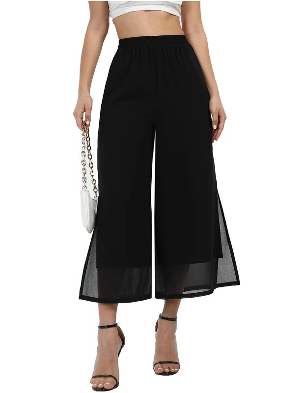 Women's Summer Capris Wide Leg Palazzo Pants Dressy Casual Split Chiffon Trousers, Chiffon Black 55, XL