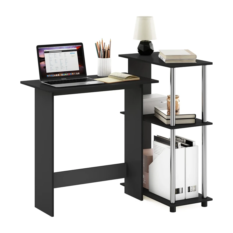 Furinno Corner Computer Desk with Bookshelf, Engineered Wood, Americano/Stainless Steel, 59.99 (D) x 96.9 (W) x 84.99 (H) cm